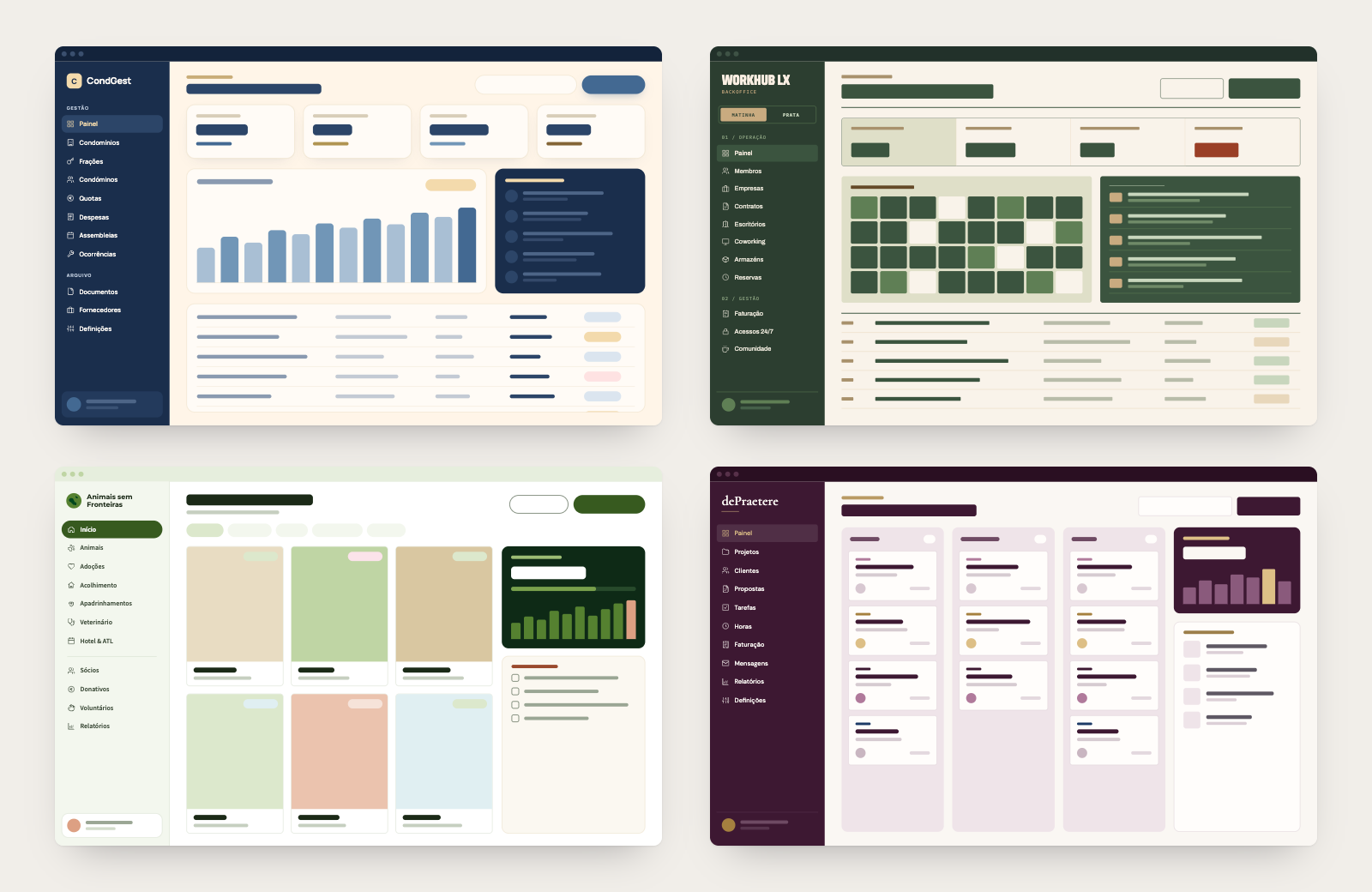 Management software we built for CondGest, Lisbon WorkHub, Animais Sem Fronteiras and dePraetere