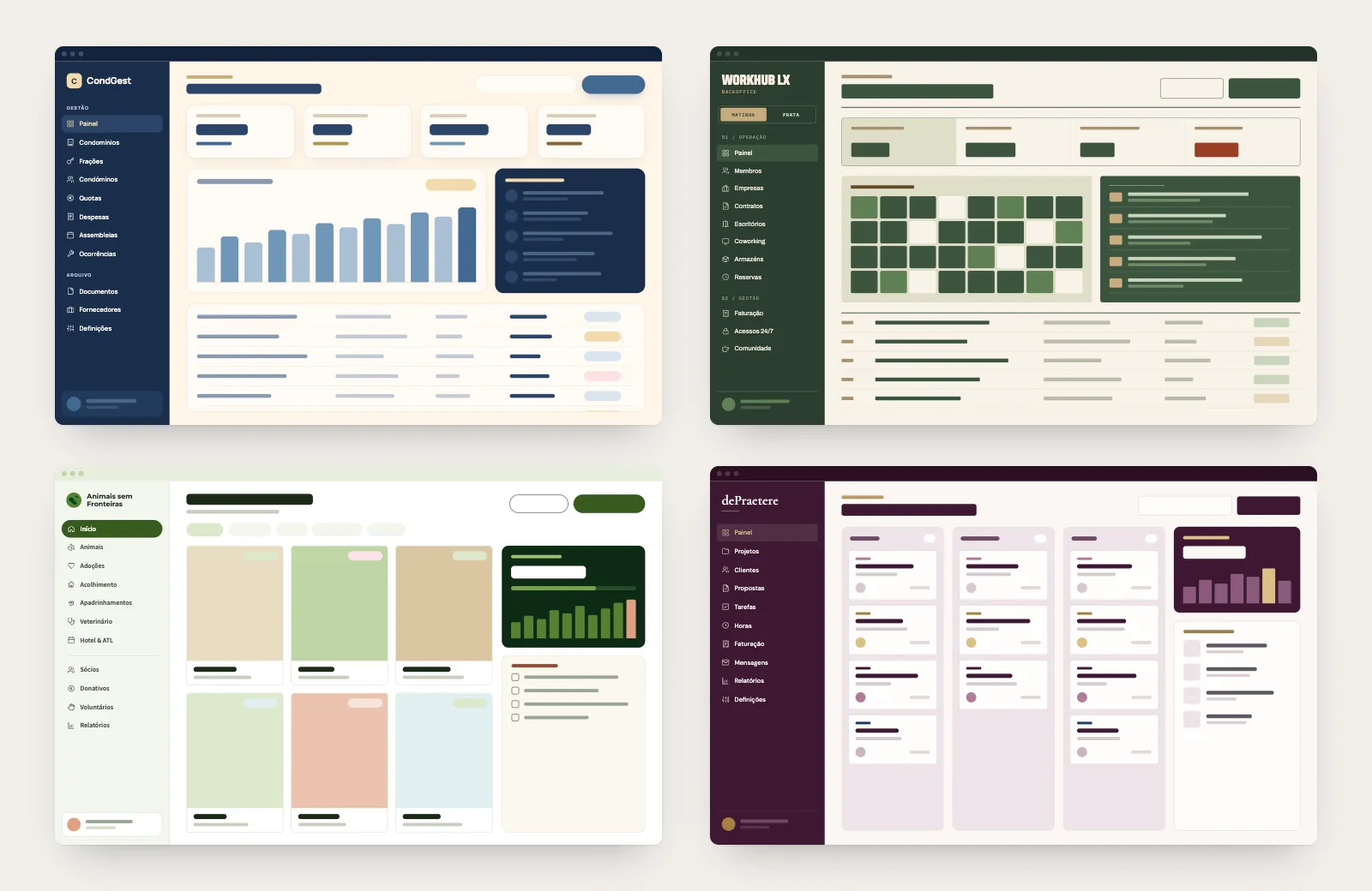 Management software we built for CondGest, Lisbon WorkHub, Animais Sem Fronteiras and dePraetere